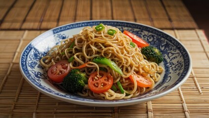Yakisoba noodles with vegetables on traditional Japanese ceramic plate with bamboo mat background