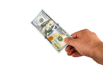 Male hand holding one new-design US $100 bill isolated on transparent background. Concept of payment, salary, cash transaction, finance, savings, investment. PNG.