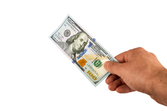 Male hand holding one new-design US $100 bill isolated on transparent background. Concept of payment, salary, cash transaction, finance, savings, investment. PNG.