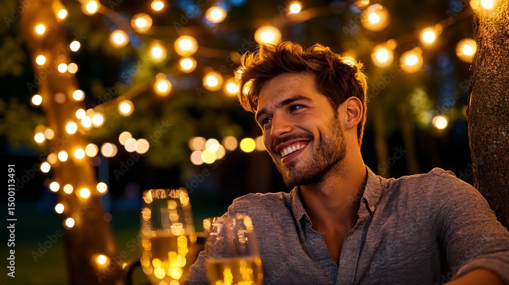 Poster smiling man sits next to wine glasses outdoors under illuminated string lights with a tree.