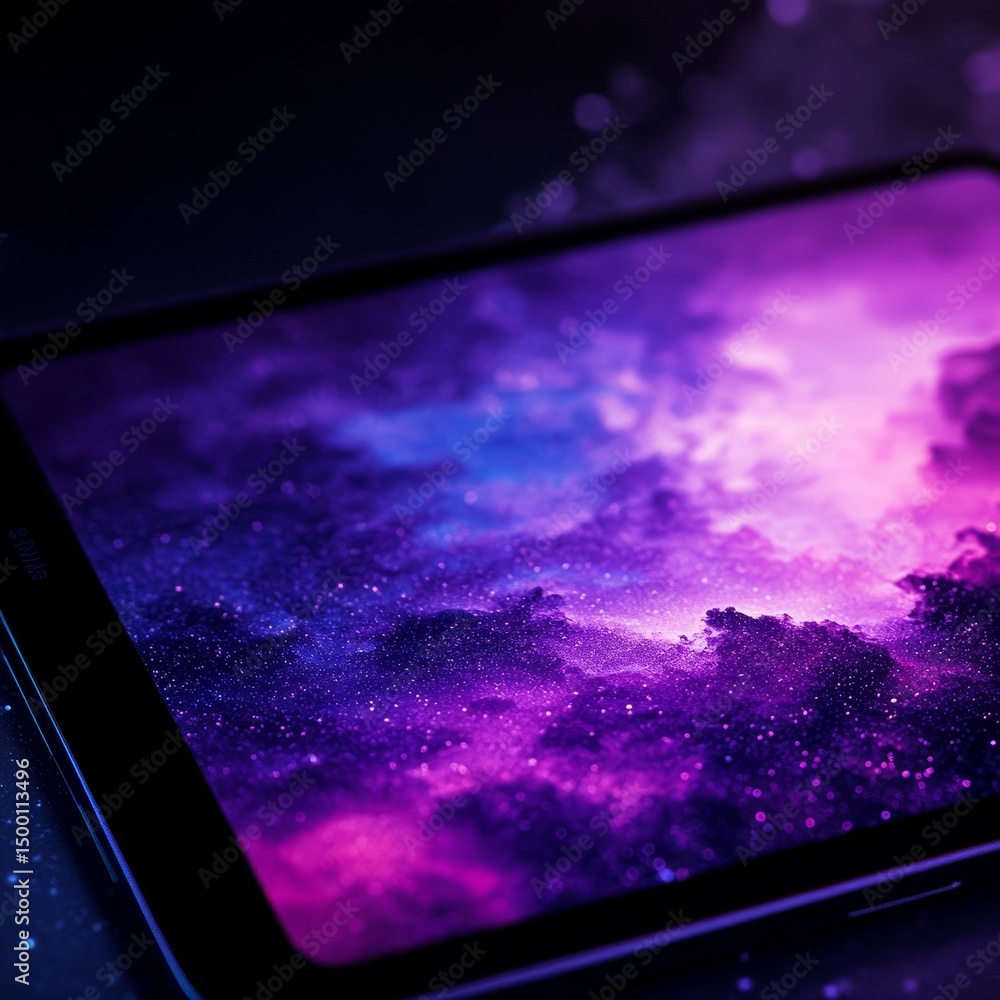 Poster vibrant cosmic colors swirl across a digital canvas under celestial lights in a mesmerizing display 