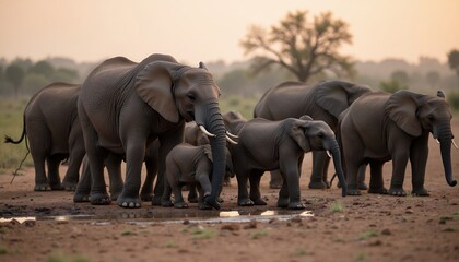 Fototapeta premium Elephants Herd Walking in Natural Habitat at Sunset