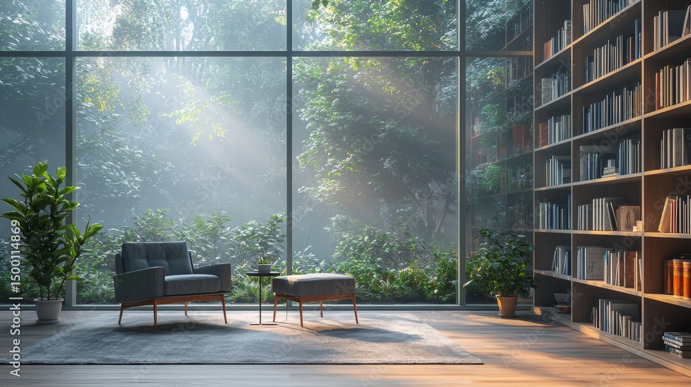 Poster cozy reading nook surrounded by nature with sunlight filtering through large windows and greenery in