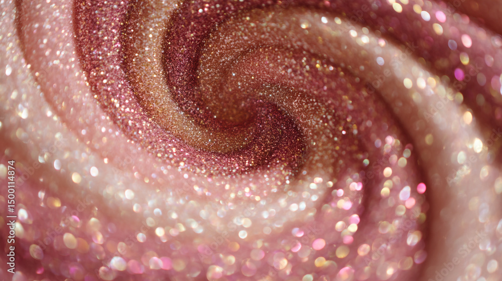 Poster swirling glitter pattern with pink and gold tones creating a sparkling and shimmering abstract desig