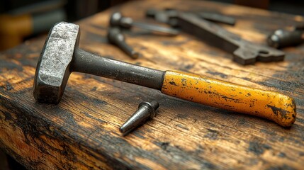 Hammer, punches lie on worn wooden bench