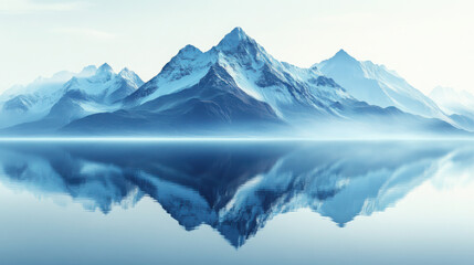 Fototapeta premium Blue mountain range with mirror image in lake with white background.