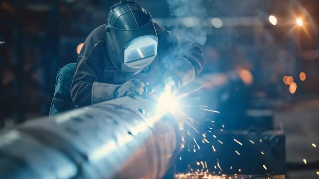 A male welder works on a metal pipe in a workshop. He wears a protective helmet and gloves. Sparks fly as he uses a welding tool. The environment is industrial and dimly lit.