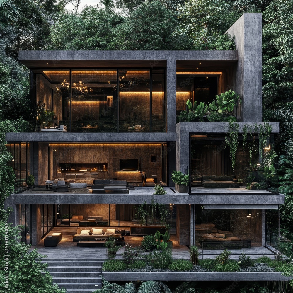 Aufkleber modern architectural masterpiece embraced by lush greenery in a serene forest setting during twiligh