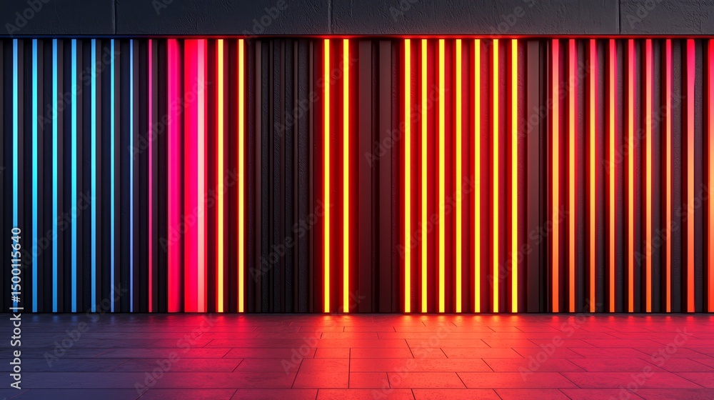Aufkleber Wall with neon lights in a room. The lights are in different colors and are arranged in a row