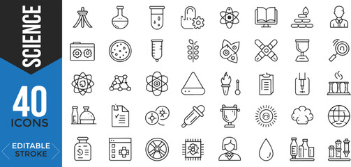 Science Icon Set – Thin Line, Editable Stroke Vectors for Physics, Chemistry, Biology, Lab & Education

