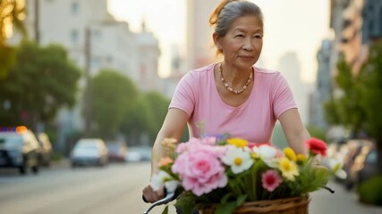 Asian woman cycling with flowers. Celebrating life's simple joys with eco-friendly transport and beautiful blooms at golden hour. City life. - Powered by Adobe