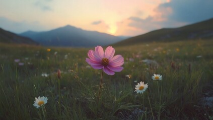 Pink Cosmos Flower Blooming in Mountain Meadow at Sunset