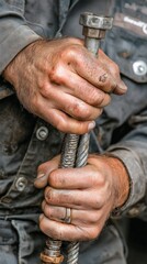 Hands grip metal pipe. Dirty overalls background