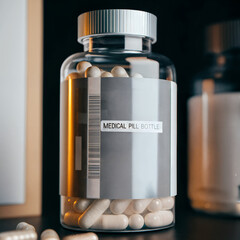 Close up of a clear medical pill bottle with white capsules on a dark background