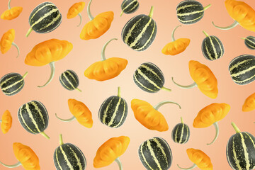 Orange and striped green bush pumpkins on orange background. Stack of vegetables set. Halloween, design, autumn. Design element for product label, catalog print.