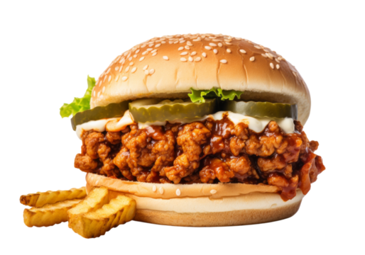 Delicious sloppy joe burger with crispy fries isolated on a white background, Png Transparent Background