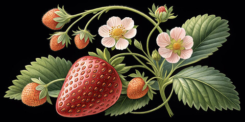  stylised close-up of a ripe red strawberry attached to its plant, with a soft pink strawberry flower, small orange unripe strawberries, and smooth green leaves.