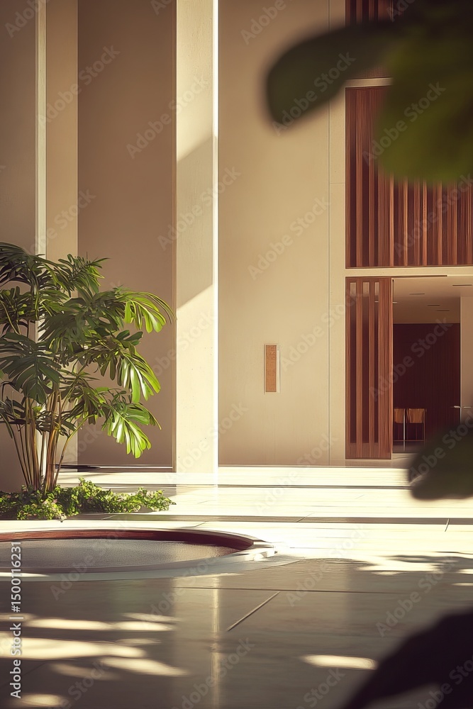Poster sunlight filters through indoor greenery, creating a serene atmosphere in a modern architectural spa