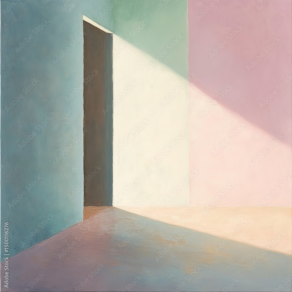 Poster soft light dances through an open door, creating an enchanting play of colors on the wall and floor 