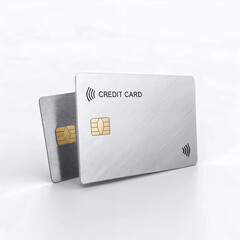 Two metallic credit cards with chips and contactless payment symbols isolated on white background