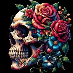skull entwined with an arrangement of vibrant flowers, creating a contrast between life and death
