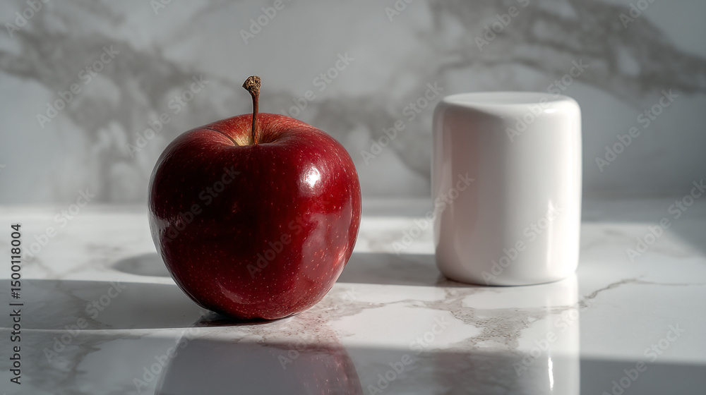 Poster a shiny red apple with a stem and a white container on a marble surface in bright lighting