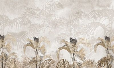 Soft Beige Tropical Plants Illustration, Elegant Neutral Palm Leaf Landscape Wallpaper  © csinie1
