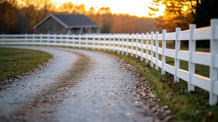 White fence surrounds a house with a brown roof. The fence is long and stretches across the entire property. The house is located on a dirt road