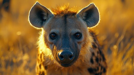 Hyena face, golden light, spotted coat, direct gaze