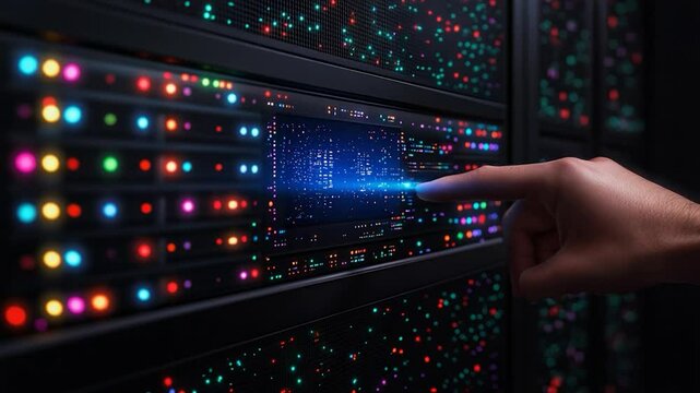 Digital Data Center:  A Hand Interacting with a Server's Complex Network