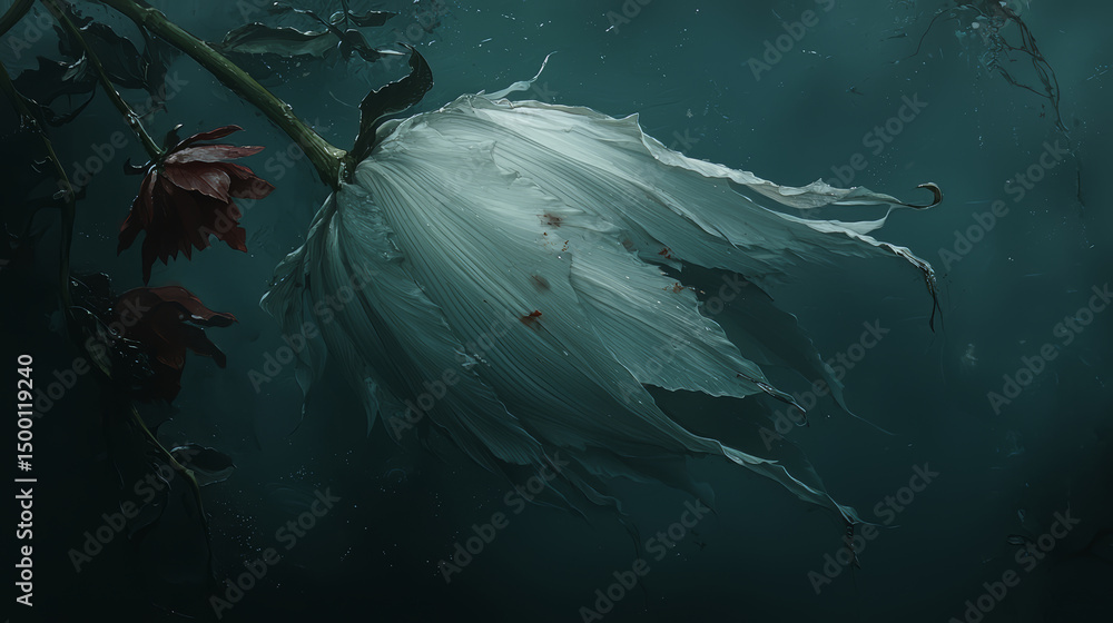 Poster White flower with red leaves is floating in the water. The image has a moody and mysterious feel to it