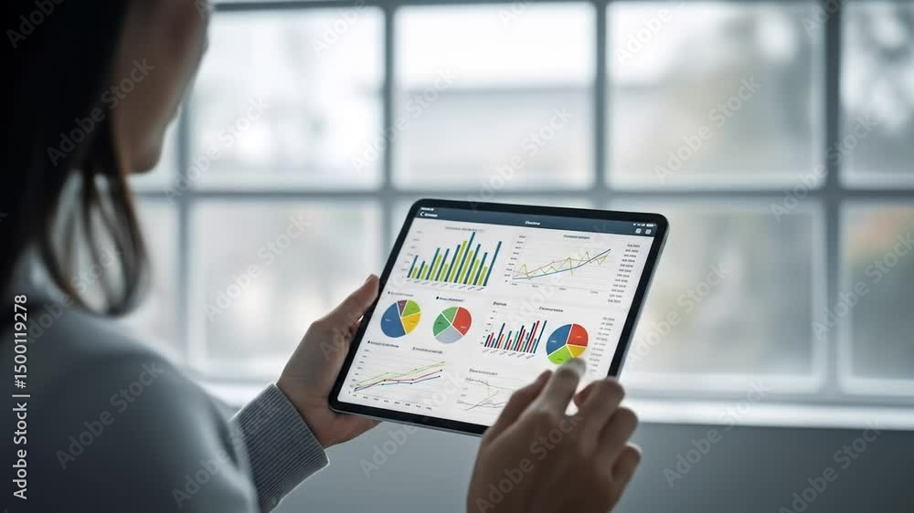 Aufkleber a person interacts with a tablet displaying colorful charts and graphs. the indoor setting has large