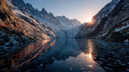 Obraz premium Icy lake mirrors sunlit, craggy mountain range