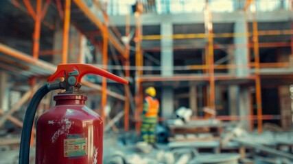 A red fire extinguisher is positioned in the foreground of a construction site. Workers in safety gear are visible in the background, surrounded by scaffolding and building materials.