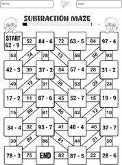 Subtraction maze puzzle worksheet for children