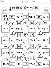 Subtraction maze puzzle worksheet for children