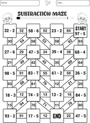 Subtraction maze puzzle worksheet for children