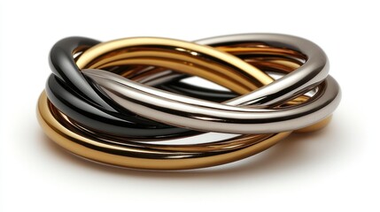 Fototapeta premium Intertwined metal rings, gold, silver, black shades