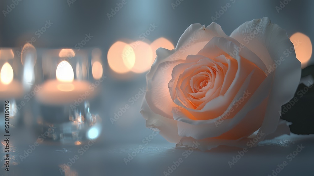 Poster white rose is on a table with candles. the candles are lit and the rose is in the center of the tabl