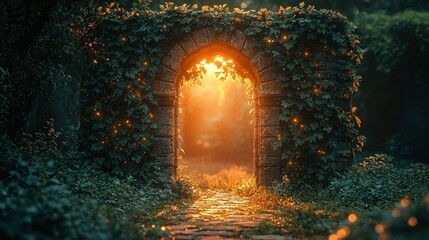 Fototapeta premium Ivy archway glows, path beckons into bright forest