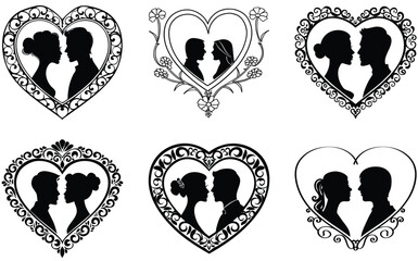 Six Romantic Couple Silhouettes in Ornate Heart Frames