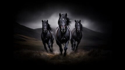 Fototapeta premium Three black horses are running forward on a grassy field with mountains in the background.