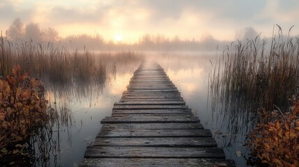 Fototapeta premium Marsh cattails framing weathered wooden dock extending into misty lake at sunrise with autumn colors reflecting on calm water