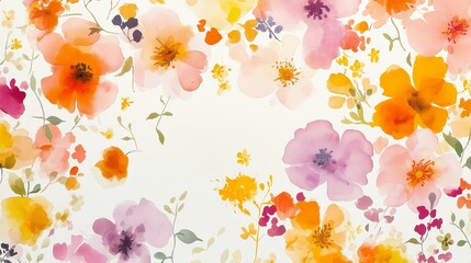 Obraz premium Seamless pattern of colorful flowers and leaves on a white background. the flowers are in various shades of pink, orange, yellow, and purple, with some yellow and red accents.
