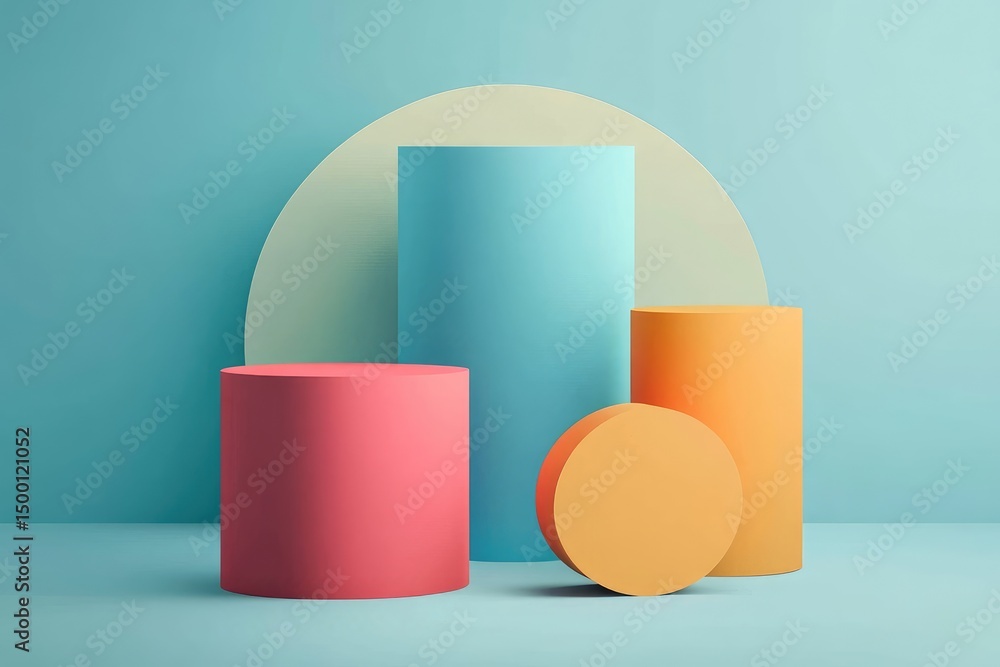 Poster pastel-colored cylindrical and circular display objects on a light teal background