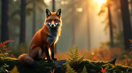 Fototapeta premium Majestic Red Fox on Mossy Log in Sunlit Forest