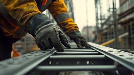 Construction Worker Handling Metal Beams