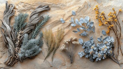 Nevada desert brush elements in artistic flat lay on textured sandstone featuring Joshua tree bark, sagebrush sprigs, rabbit brush flowers and creosote leaves