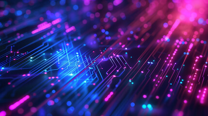 Futuristic electronic circuit board with glowing neon lines. Abstract digital background with blue and pink light trails. Modern technology, artificial intelligence, innovation, and cybersecurity conc