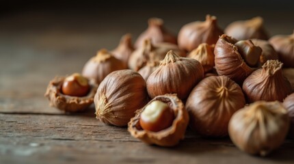 Obraz premium Pile of open hazelnuts on rustic wood background
